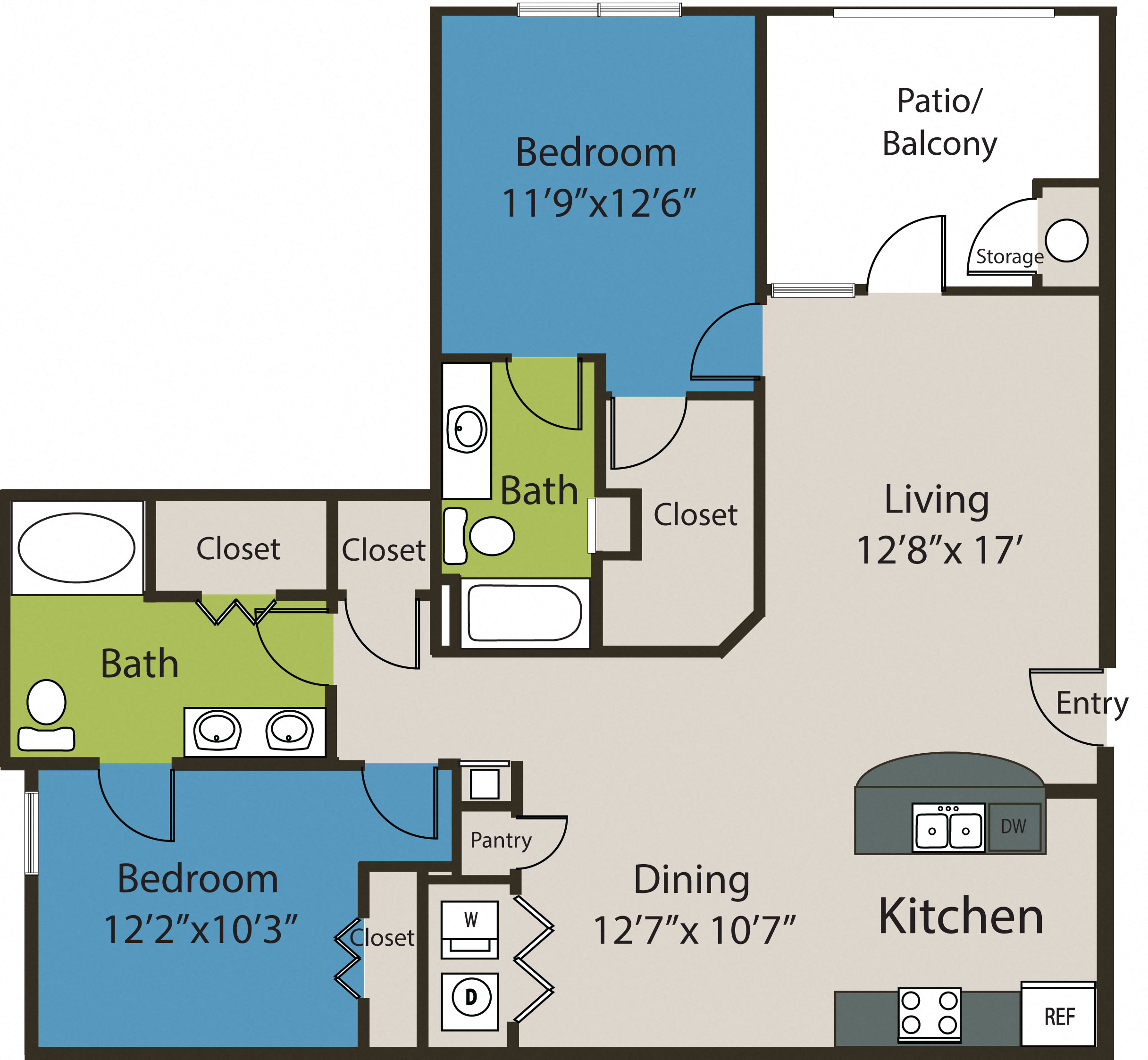 Floor plan for 2 beds, 2 baths, 1181 sqft